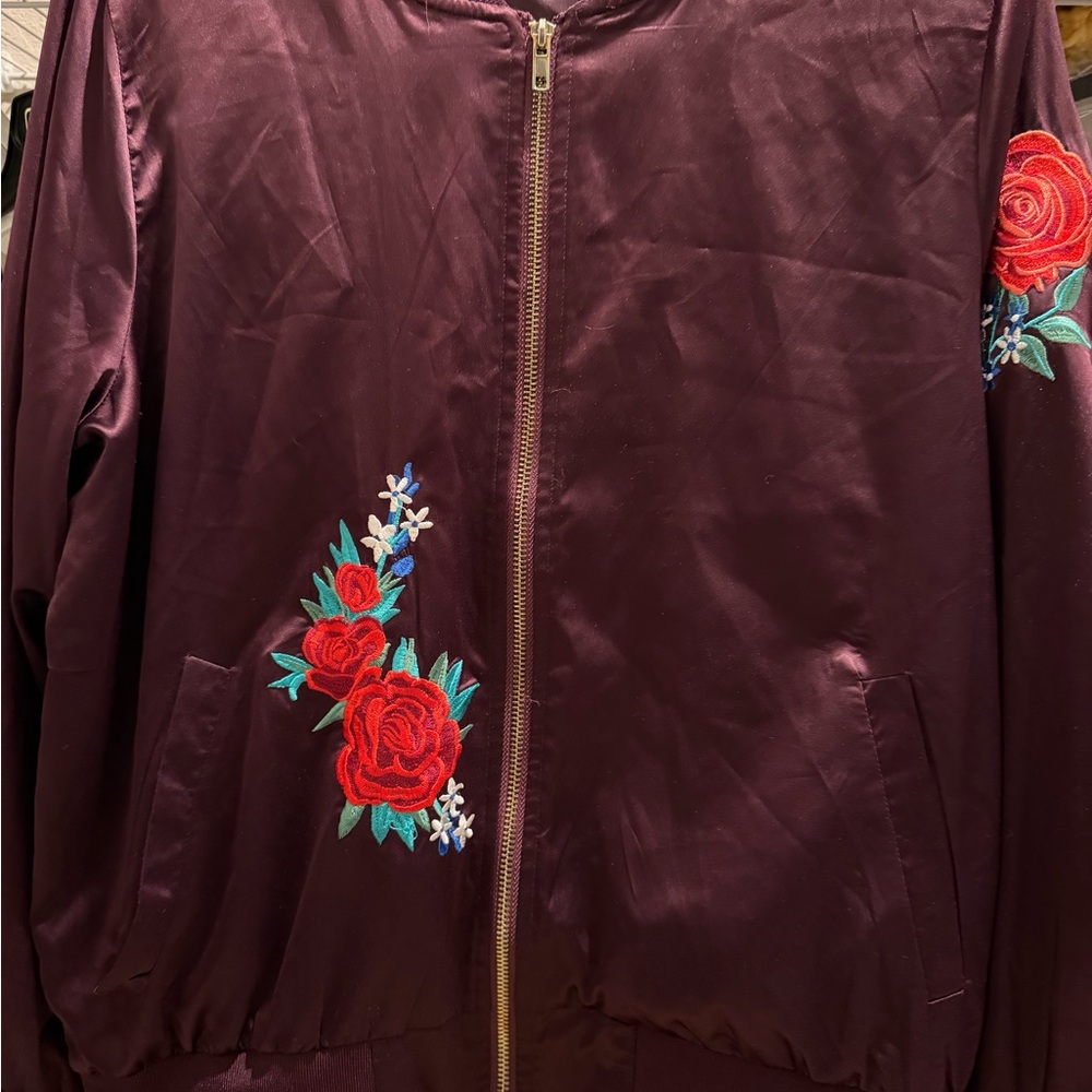 Women's Embroidered Bomber Jacket - Satin Purple